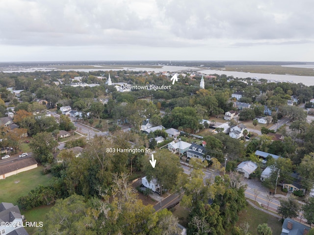 aerial view featuring a water view