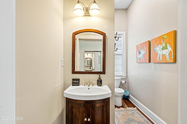 bathroom with vanity, wood-type flooring, and toilet