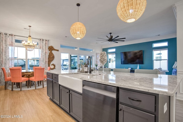 kitchen featuring dishwasher, ornamental molding, a kitchen island with sink, light stone countertops, and light wood-type flooring