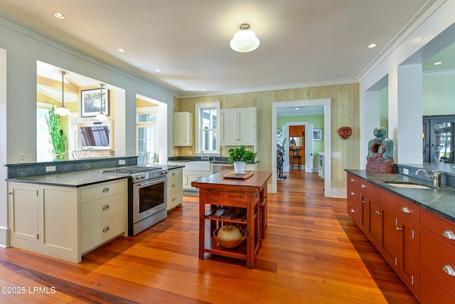 kitchen featuring stainless steel gas range oven, light wood-style flooring, ornamental molding, and a sink