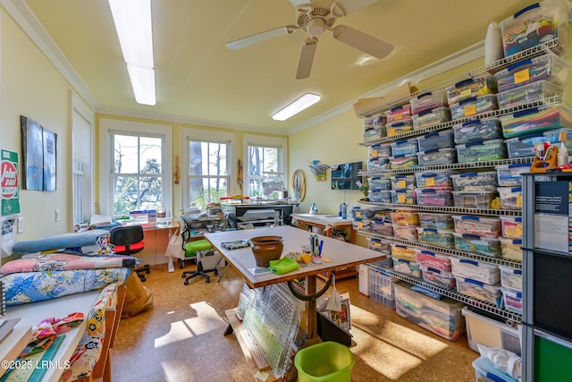 office area featuring ornamental molding and a ceiling fan