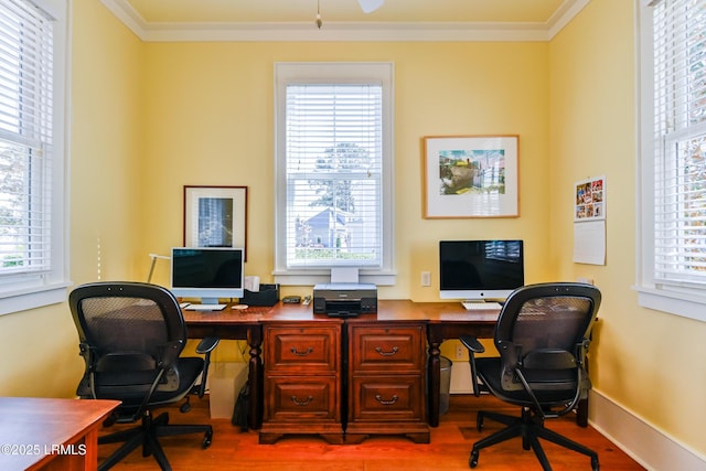 office with crown molding, baseboards, and wood finished floors