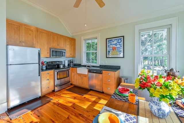 kitchen featuring a sink, vaulted ceiling, crown molding, appliances with stainless steel finishes, and dark countertops