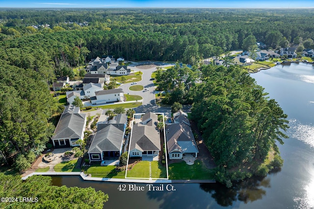 aerial view featuring a water view