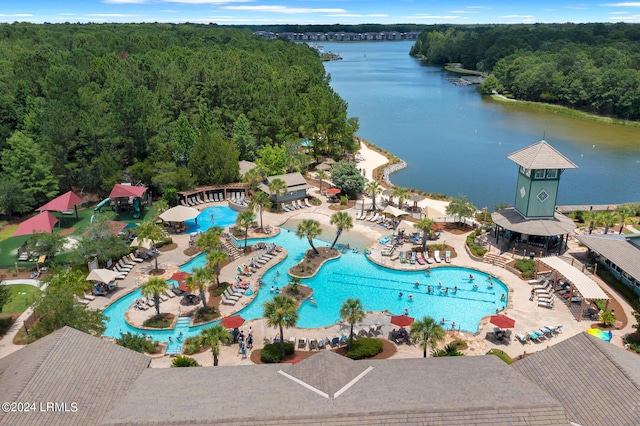 aerial view featuring a water view