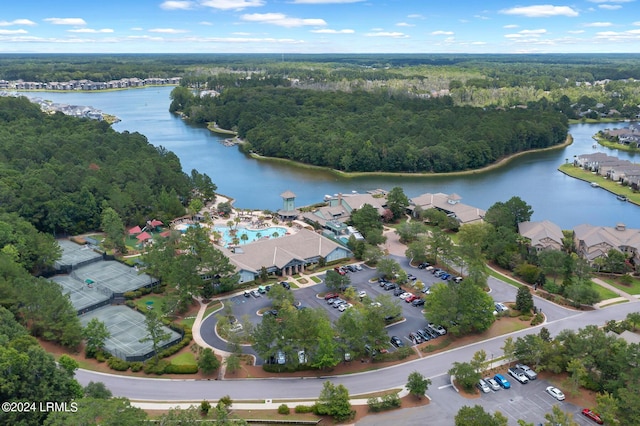 birds eye view of property featuring a water view