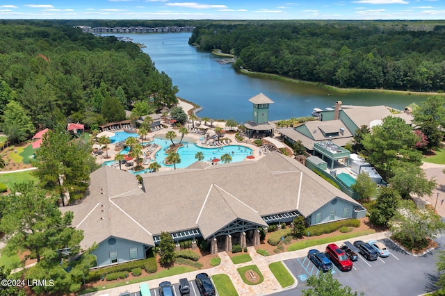 birds eye view of property featuring a water view