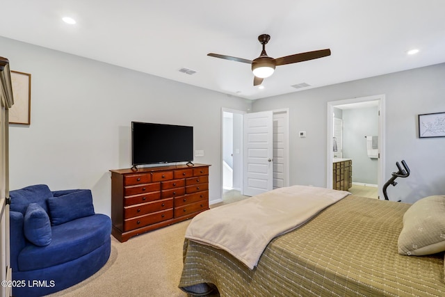 bedroom featuring a ceiling fan, recessed lighting, light colored carpet, and visible vents