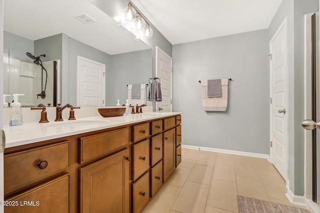 full bathroom with a shower, visible vents, a sink, and double vanity