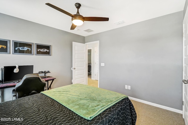 carpeted bedroom with ceiling fan, visible vents, and baseboards