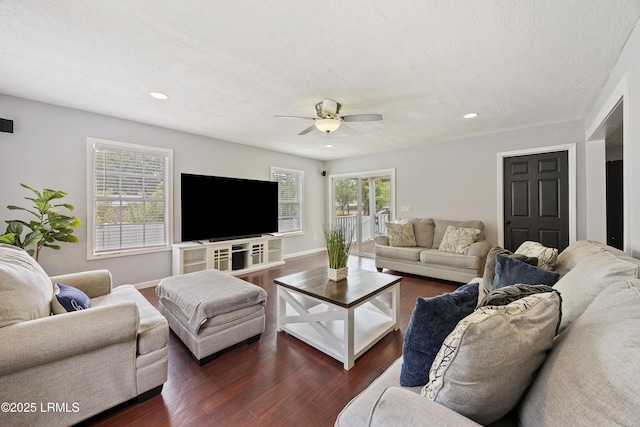 18 Lake View Ct, Bluffton, SC 29910 - living room featuring dark wood finished floors, recessed lighting, ceiling fan, and baseboards