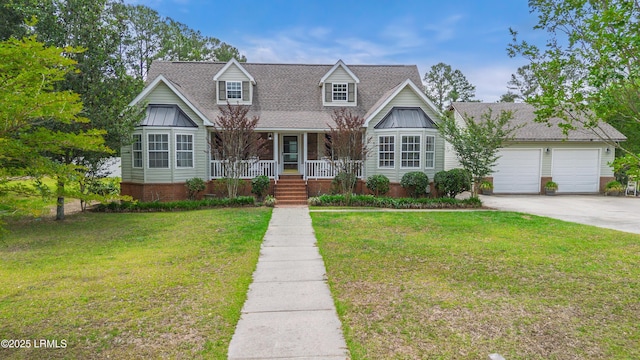 18 Lake View Ct, Bluffton, SC 29910 - cape cod home featuring covered porch, concrete driveway, a front yard, roof with shingles, and a garage