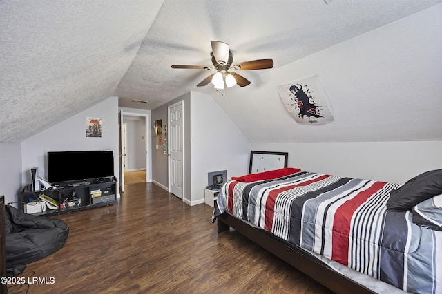 18 Lake View Ct, Bluffton, SC 29910 - bedroom featuring a textured ceiling, wood finished floors, a ceiling fan, vaulted ceiling, and baseboards