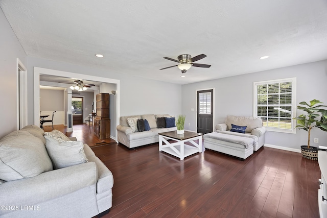 18 Lake View Ct, Bluffton, SC 29910 - living room with ceiling fan, recessed lighting, dark wood finished floors, and baseboards