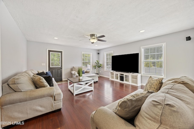 18 Lake View Ct, Bluffton, SC 29910 - living area featuring a ceiling fan, a textured ceiling, dark wood-style flooring, recessed lighting, and baseboards