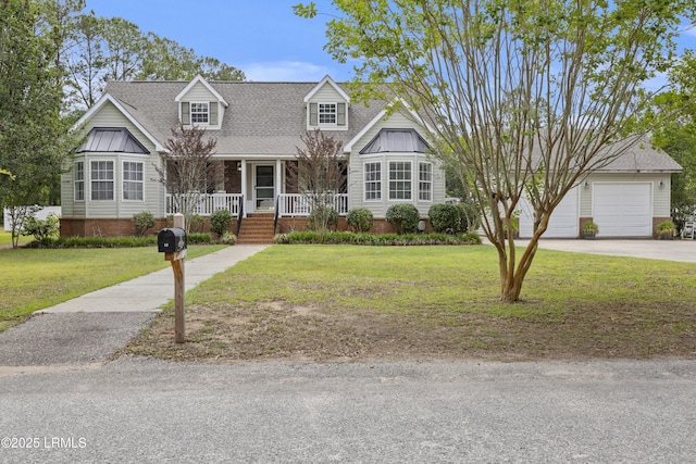 18 Lake View Ct, Bluffton, SC 29910 - new england style home featuring a porch, a front lawn, a shingled roof, and a garage