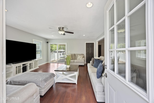 18 Lake View Ct, Bluffton, SC 29910 - living area featuring dark wood-style flooring, a ceiling fan, recessed lighting, and baseboards