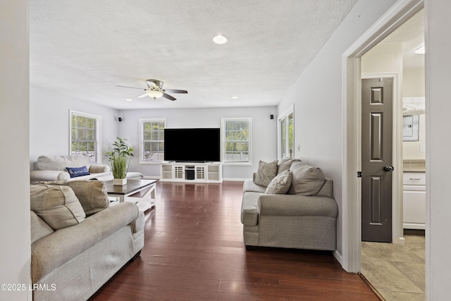 18 Lake View Ct, Bluffton, SC 29910 - living room with ceiling fan, a textured ceiling, wood finished floors, recessed lighting, and baseboards