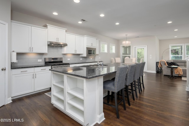 145 Rudder Run, Bluffton, SC 29910 - kitchen featuring appliances with stainless steel finishes, open shelves, under cabinet range hood, dark wood finished floors, and recessed lighting