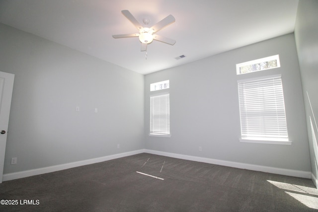 spare room with a healthy amount of sunlight, baseboards, visible vents, and dark carpet