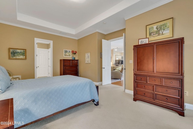 carpeted bedroom with a raised ceiling