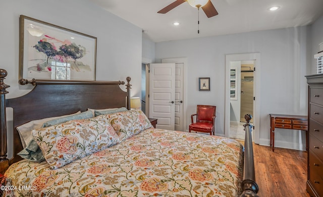 bedroom featuring wood-type flooring and ceiling fan