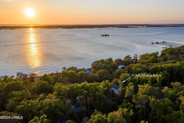 aerial view at dusk with a water view