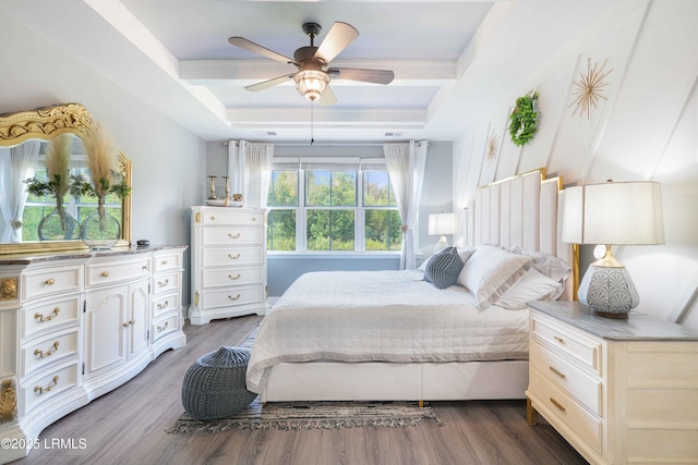 bedroom featuring ceiling fan, a tray ceiling, and dark hardwood / wood-style flooring