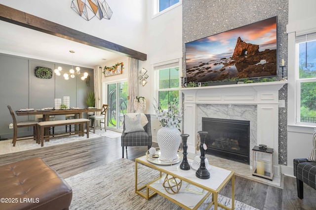 living room featuring a fireplace, a wealth of natural light, and wood-type flooring