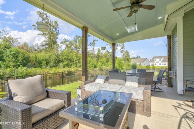 view of patio / terrace featuring cooling unit, an outdoor living space, and ceiling fan