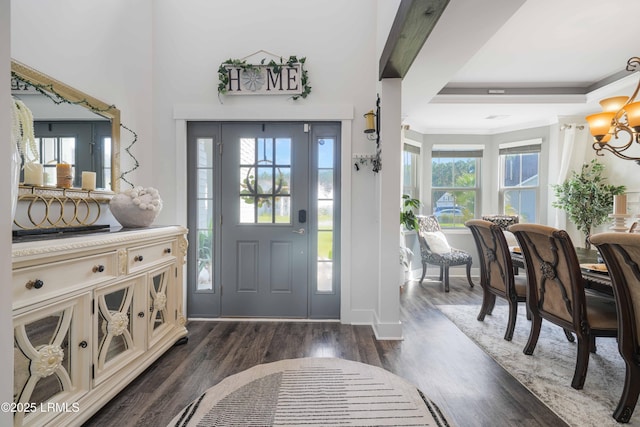 entrance foyer featuring an inviting chandelier, a tray ceiling, and dark hardwood / wood-style flooring