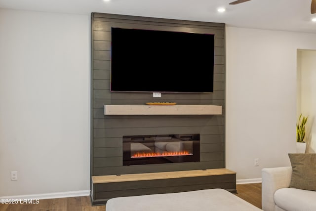 details featuring hardwood / wood-style flooring, a large fireplace, and ceiling fan