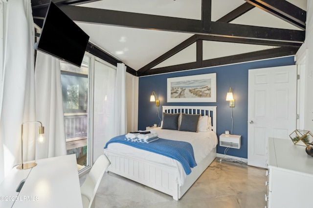 bedroom featuring lofted ceiling with beams and access to outside