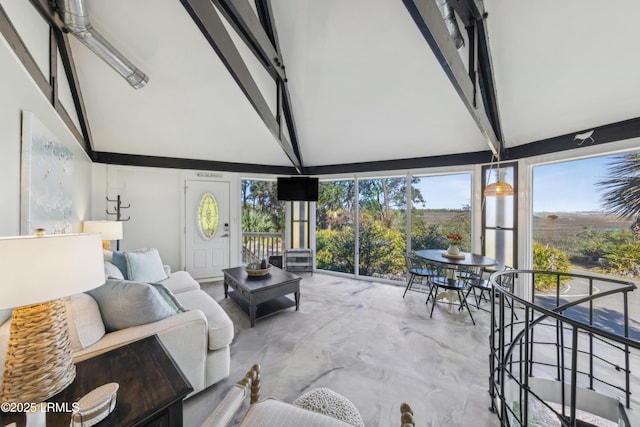 interior space with lofted ceiling with beams