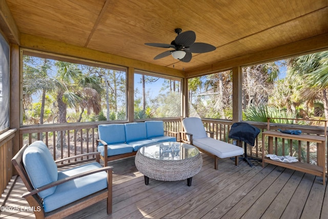 sunroom featuring a ceiling fan and wood ceiling