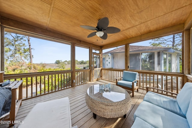 sunroom with a wealth of natural light, wooden ceiling, and ceiling fan