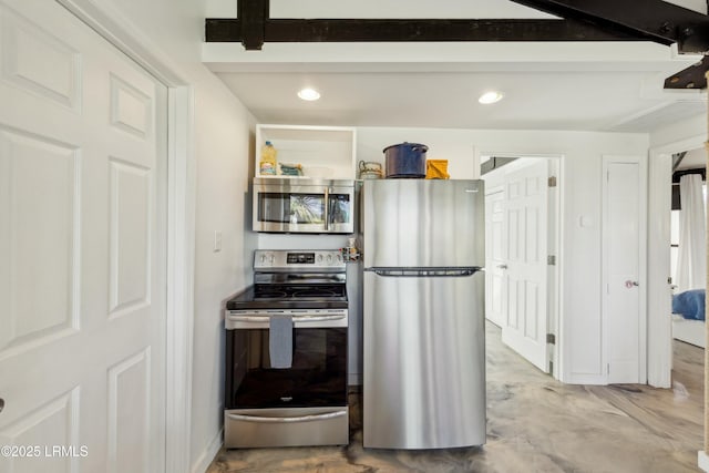 kitchen with appliances with stainless steel finishes, recessed lighting, beam ceiling, and marble finish floor