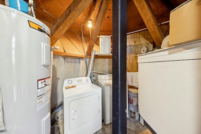 laundry room featuring laundry area, water heater, and washer and clothes dryer