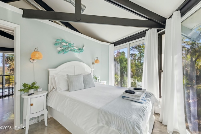 bedroom with multiple windows and lofted ceiling with beams