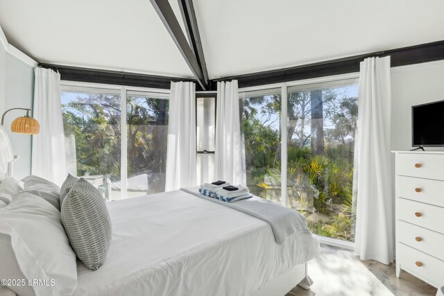 bedroom featuring beam ceiling and multiple windows