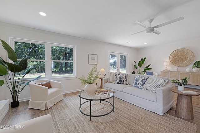 3017 Magnolia St, Beaufort, SC 29906 - living room with wood finished floors, baseboards, a ceiling fan, recessed lighting, and ornamental molding
