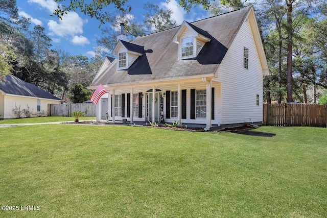 cape cod home featuring fence, a porch, and a front yard