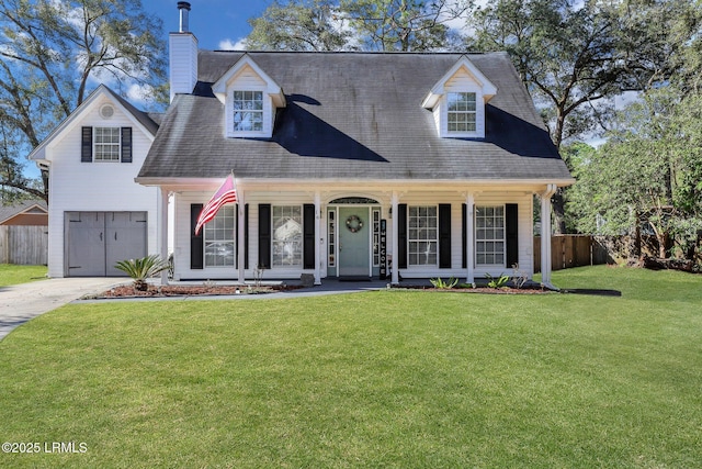 view of front facade with driveway, an attached garage, fence, a front lawn, and a porch