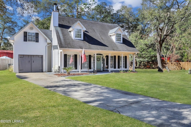 cape cod-style house featuring a porch, a front yard, fence, a garage, and driveway