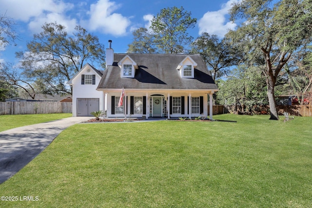 cape cod-style house featuring driveway, a garage, covered porch, fence, and a front yard