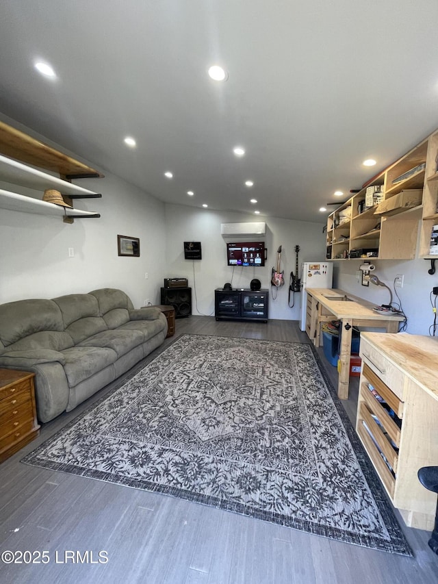 living room featuring dark wood-type flooring