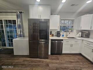 kitchen featuring white cabinetry, sink, dark wood-type flooring, and appliances with stainless steel finishes