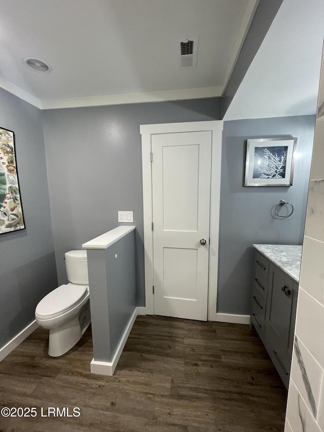 bathroom featuring vanity, hardwood / wood-style floors, and toilet