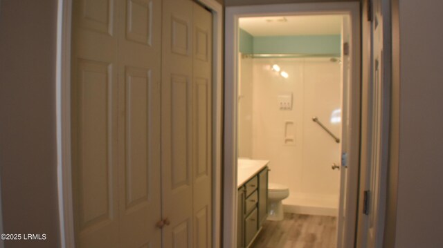 539 Candida Dr, Beaufort, SC 29906 - bathroom with toilet, walk in shower, vanity, and wood finished floors