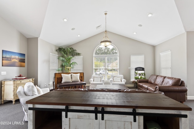 1034 Abbey Glen Way, Hardeeville, SC 29927 - living room with visible vents, carpet floors, baseboards, lofted ceiling, and recessed lighting